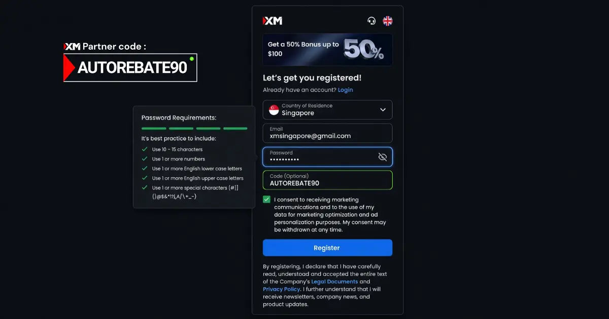 XM account registration and cashback activation guide using partner code AUTOREBATE90