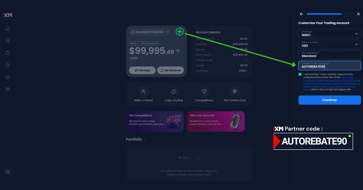 How to open an additional XM MT4 or MT5 account under partner code AUTOREBATE90